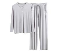 Pyjama Homme Ensemble Pyjama Peignoir Pantalon de Pyjama Homme Lounwear Bouton Ensemble 2 Pièces Haut Manches Longues Pantalon Long Ensemble Uni, gris, 3XL