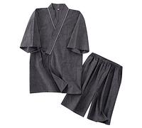 Pyjama Homme Hiver Chaud, 2023 Nouveau Coton lavé Grande Taille à Manches Courtes Shorts Kimono chez l'habitant s été Mince Ensemble (Grey, L)