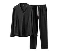 Pyjama Homme Hiver Coton Pyjama Long Chaud 2 Pièces avec Poches Ensemble de Pyjama Col Rond Vêtements de Nuit Manches Longues Confortable S-XXL