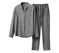 Pyjama Homme Hiver Coton Pyjama Long Chaud 2 Pièces avec Poches Ensemble de Pyjama Col Rond Vêtements de Nuit Manches Longues Confortable S-XXL
