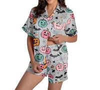 Pyjama imprimé Halloween pour Femme, Haut à Manches Courtes et Short boutonnés, Tenue Confortable en Satin de Soie, décontractée Femme Portefeuille en Cuir