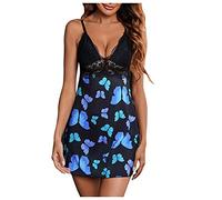 Pyjama Lingerie Sexy érotique Femme à Bretelles, Chemise de Nuit Robe de Nuit Fronde Col en V élégant, Transparent sous-vêtements Babydoll, Nuisette Dentelle Patchwork Imprimé Fleuri Papillon, Bleu
