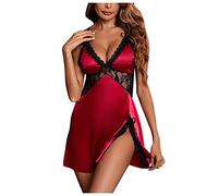 Pyjama Lingerie Sexy érotique Femme à Bretelles Rouge, Tunique Chemise de Nuit Fendu Dentelle Patchwork, Robe de Nuit Fronde Col en V élégant, sous-vêtements Nuisette Transparent Babydoll