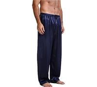 Pyjama long classique en satin de soie avec cordon de serrage, pour homme, couleur unie, bleu, XL