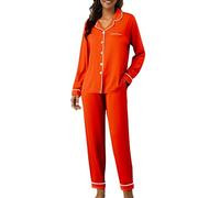Pyjama long en coton pour femme - Ensemble douillet - Combinaison d'intérieur douce - Deux pièces - Manches longues - Pyjama - Pantalon - Haut - Vêtement de nuit respirant pour toutes les saisons