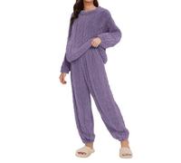 Pyjama long en polaire pour femme - Chaud - Pyjama d'hiver - Pyjama jacquard - Vêtement de nuit douillet - Couleur unie - Combinaison d'intérieur - 2 pièces - Pantalon de pyjama long - Haut à manches