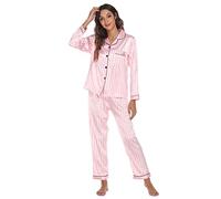 Pyjama long en satin pour femme - Ensemble pyjama long en satin - Deux pièces - Pantalon et haut doux - À manches longues - Vêtement de nuit imprimé - Tenue de loisirs, Rose, XL