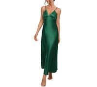 Pyjama Long en Satin pour Femme, Robe Nuisette Sexy À Col en V, Chemise de Nuit en Soie Vintage(Green,S)
