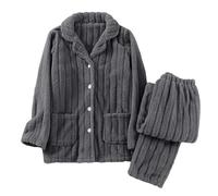 Pyjama long pour femme - 2 pièces - Avec poches et pantalon de pyjama - Couleur unie - En polaire douce et confortable - Pour la maison et le sommeil, gris, M