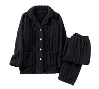 Pyjama long pour femme - 2 pièces - Avec poches et pantalon de pyjama - Couleur unie - En polaire douce et confortable - Pour la maison et le sommeil, Noir , M