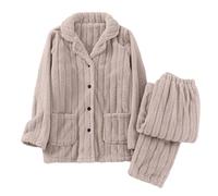 Pyjama long pour femme - 2 pièces - Avec poches et pantalon de pyjama - Couleur unie - En polaire douce et confortable - Pour la maison et le sommeil, kaki, M