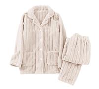 Pyjama long pour femme - 2 pièces - Avec poches et pantalon de pyjama - Couleur unie - En polaire douce et confortable - Pour la maison et le sommeil, Blanc., M