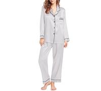 Pyjama long pour femme - 2 pièces - Revers - Vêtement de nuit + jambe droite - Vêtement de détente - Couleur unie - Doux et léger - Tendance - Confortable - Pour la maison et le sommeil, gris, M