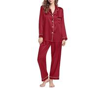 Pyjama long pour femme - 2 pièces - Revers - Vêtement de nuit + jambe droite - Vêtement de détente - Couleur unie - Doux et léger - Tendance - Confortable - Pour la maison et le sommeil, c, M