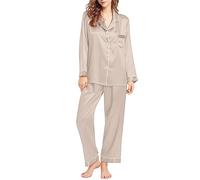 Pyjama long pour femme - 2 pièces - Revers - Vêtement de nuit + jambe droite - Vêtement de détente - Couleur unie - Doux et léger - Tendance - Confortable - Pour la maison et le sommeil, b, M