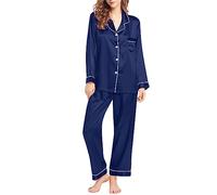 Pyjama long pour femme - 2 pièces - Revers - Vêtement de nuit + jambe droite - Vêtement de détente - Couleur unie - Doux et léger - Tendance - Confortable - Pour la maison et le sommeil, a, M
