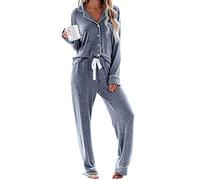 Pyjama long pour femme avec boutonnière - Deux pièces - Vêtement de nuit - Combinaison de maison, Bleu clair., XS