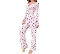 Pyjama long pour femme - Col en V - Haut de pyjama à manches longues - Léger - Pour l'été - Vêtement de nuit cintré - Détails côtelés - Impression élégante - Tissu confortable pour un usage quotidien
