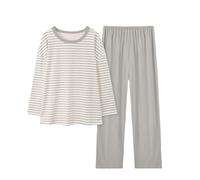Pyjama long pour femme - Col rond - T-shirt de nuit + pantalon de pyjama - Combinaison de loisirs - 2 pièces - Rayé - Léger et extensible - Confortable - Pour la maison - Mode d'intérieur - M-XXL