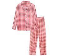 Pyjama long pour femme - En coton - Taille élastique - Deux pièces - Col en V - Vêtement de nuit - Nuisette douce - Pour l'été, rouge, XL