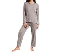 Pyjama long pour femme - En polaire - Rayé - Avec manches longues - Col rond - Deux pièces - Haut et pantalon, Marron 1., 8XL