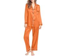 Pyjama long pour femme - Ensemble 2 pièces à revers + pantalon de pyjama - Couleur unie - Léger et doux - Ensemble de loisirs élégant et décontracté - Grandes tailles - M-6XL, Orange, M