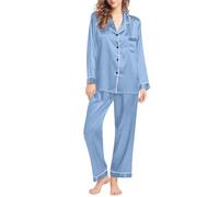 Pyjama long pour femme - Ensemble 2 pièces à revers + pantalon de pyjama - Couleur unie - Léger et doux - Ensemble de loisirs élégant et décontracté - Grandes tailles - M-6XL, bleu clair, M