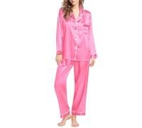 Pyjama long pour femme - Ensemble 2 pièces à revers + pantalon de pyjama - Couleur unie - Léger et doux - Ensemble de loisirs élégant et décontracté - Grandes tailles - M-6XL, rose, M
