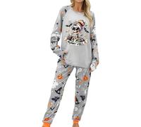 Pyjama long pour femme - Ensemble pyjama d'Halloween pour femme - 2 pièces avec motif citrouille et fantôme imprimé taille élastique doux et confortable pyjama vêtements de nuit tenue pour Halloween