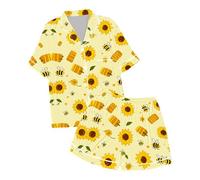 Pyjama Maison Fête Fille Abeille Imprimé Soie Imitation Manches Courtes Ensemble Nuit Décontracté Vêtements 2-13Y Deux Pièces(Light Yellow, 12-13 Years)