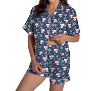 Pyjama Monstre Et Compagnie Pyjama Adulte Femme pour Femme en Satin De Soie Imprimé Graphique Vêtements De Nuit Mignons Boutons Manches Chemise Rouge Chemises Nuit Dark Blue L