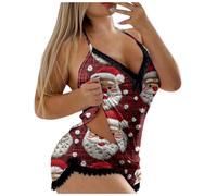 Pyjama Noel Femme Grande Taille - Ensemble de Pyjama féminin Deux pièces en Dentelle élégante avec Design Festif Bonhomme de Neige et Caraco Confortable pour Nuits Douces