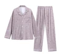 Pyjama,Pantalon Pyjama Loose Set Automne Hiver Mode Boucle Vêtements Confortables Grande Taille Ample Manches Longues Revers Femmes Robe De Maman Chemise,Bleu,XL