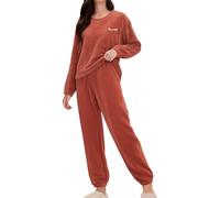 Pyjama pelucheux en polaire pour femme - Col rond - Couleur unie - Vêtements de nuit moelleux avec imprimé lettres - Haut doux et confortable avec bas à revers - Vêtement de nuit thermique d'hiver