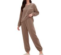 Pyjama pelucheux en polaire pour femme - Col rond - Couleur unie - Vêtements de nuit moelleux avec imprimé lettres - Haut doux et confortable avec bas à revers - Vêtement de nuit thermique d'hiver