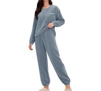 Pyjama pelucheux en polaire pour femme - Col rond - Couleur unie - Vêtements de nuit moelleux avec imprimé lettres - Haut doux et confortable avec bas à revers - Vêtement de nuit thermique d'hiver