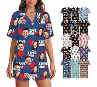 Pyjama personnalisé pour femme avec photo de visage - Ensembles de pyjama personnalisés pour femmes - Ensembles de vêtements de détente d'été pour femmes Cadeaux personnalisés pour femmes Multicolore