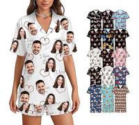 Pyjama personnalisé pour femme avec photo de visage - Ensembles de pyjama personnalisés pour femmes - Ensembles de vêtements de détente d'été pour femmes Cadeaux personnalisés pour femmes Multicolore