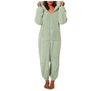 Pyjama Polaire Femme Combinaison Pyjama Femme Hiver Chaud Loungewear Zippée à Capuche Peluche Une Pièce Combinaisons de Nuit Couleur Unie Vêtements de Couple D'intérieur avec Poches (A-Light Green, M)