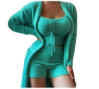 Pyjama Polaire Femme Ensemble Pyjama Femme Hiver Pijama Femme Ensemble Pyjama Femmes Ensemble Pijamas Femmes Ete Pyjamas Femme 3 Pièces Short Hiver Femme Velour Short Pyjama Femme Xs (Vert, M)