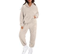 Pyjama Polaire Femme Hiver Chaud Ensembles de Pyjama Chaud et Doux Combinaison Pyjamas Flanelle Loungewear Sleepwear Vêtement Femme Pajama Polaire Chaudes Pilou Pilou (Beige, XS)
