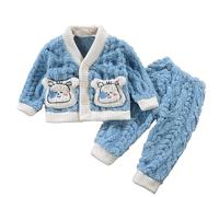 Pyjama Polaire Garcon 1-9 Ans Hiver Chaud Veste Enfant Garcon Flanelle Doux Cardigan Pull Fille Peluche col v Bouton Manche Longue Motif Lapin et Pantalons Fille Vetement de Nuit (Blue, 2-3ans)