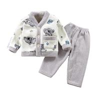 Pyjama Polaire Garcon 1-9 Ans Hiver Chaud Veste Enfant Garcon Flanelle Doux Cardigan Pull Fille Peluche col v Bouton Manche Longue Motif Lapin et Pantalons Fille Vetement de Nuit (Grey, 2-3ans)