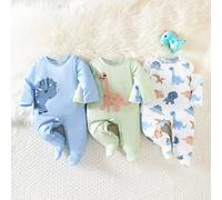 Pyjama pour bébé nouveau-né - Barboteuse à pieds une pièce à manches longues avec fermeture-éclair avant, imprimé de dinosaures bleu, vert et blanc. Indispensable pour la nouvelle année 2026 et les qu