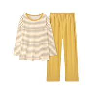 Pyjama pour femme à carreaux dégradé de couleur pure imitation coton pyjama décontracté ample à manches longues pour femme Ensemble short de pyjama en coton, jaune, XXL