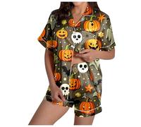 Pyjama pour femme - Allaitement - Loisirs - Ensemble de pyjama pour femme avec imprimé Halloween, satin de soie, chemise, bouton, veste et pantalon de pyjama pour femme avec poignets, Vert armée., S