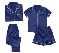 Pyjama pour femme en 4 pièces - Ensemble de pyjama en satin sexy d'intérieur d'été pour fille, en soie, vêtements de nuit, décontracté, manches courtes, chemise de nuit, peignoir avec boutonnière