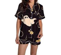 Pyjama pour femme en satin imprimé graphique mignon vêtements de nuit boutons hauts à manches courtes shorts ensembles chaussons de ballet petite fille, Noir , S