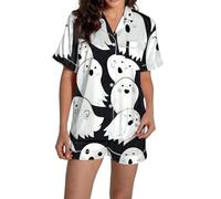 Pyjama pour femme en satin imprimé graphique mignon vêtements de nuit boutons hauts à manches courtes shorts ensembles chaussons de ballet petite fille, blanc, S
