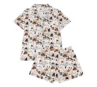 Pyjama pour femme - Haut à manches courtes - Avec boutonnière - Short - Vêtement de nuit confortable - Soie satinée - Pour tous les jours, les vacances, les chats - Chemise de nuit, Blanc., L